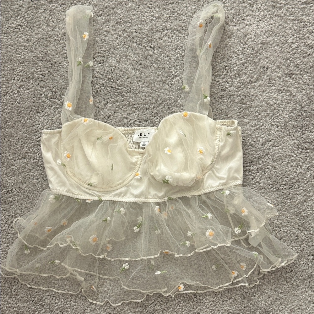Elis*** Cream Daisy-Embroidered Mesh Peplum Camisole - Picture 1 of 6